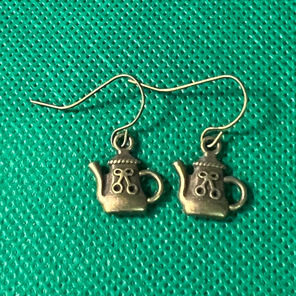 Teapot Bronze Tone French Hook Pierced Earrings